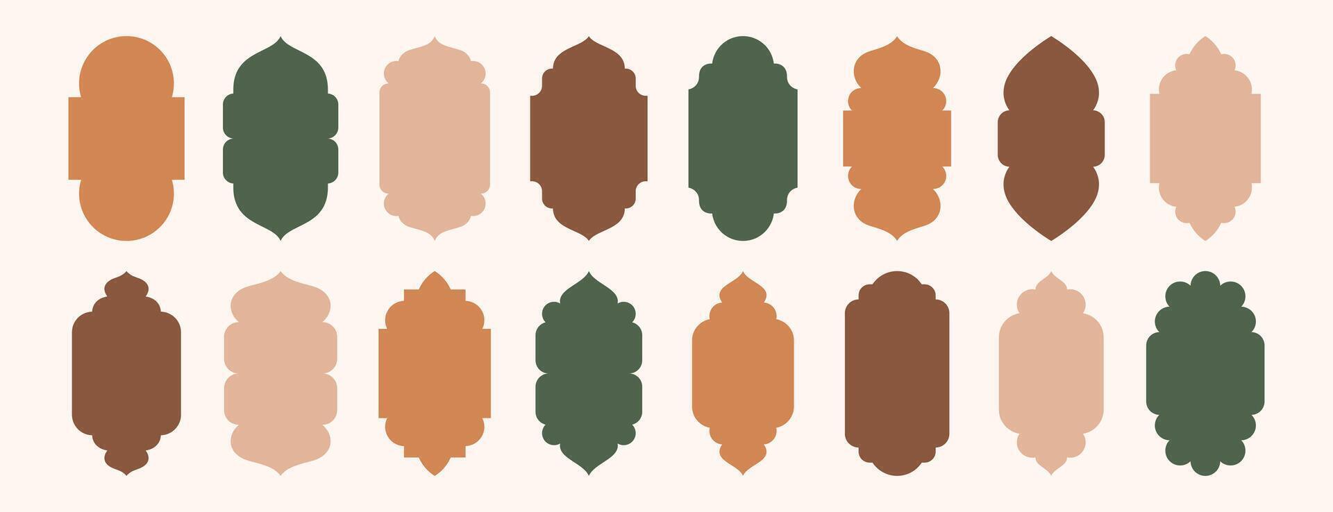 Old mosque window shapes in oriental arabic style. Islamic arab doors, frames, arabian arches silhouette set. Muslim architecture geometric design elements, moroccan minimal arcs. Ramadan kareem gates vector