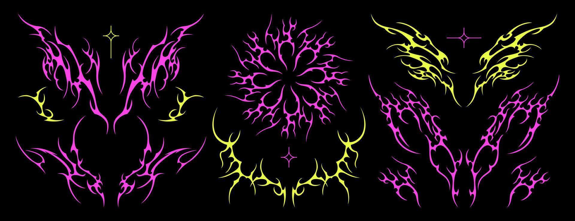 Acid neo tribal y2k goth tattoo set with butterfly, womb silhouette, symmetrical shapes or gothic art elements. Cybersigilism stickers, futuristic trendy grunge ornaments or hand drawn neotribal icons vector
