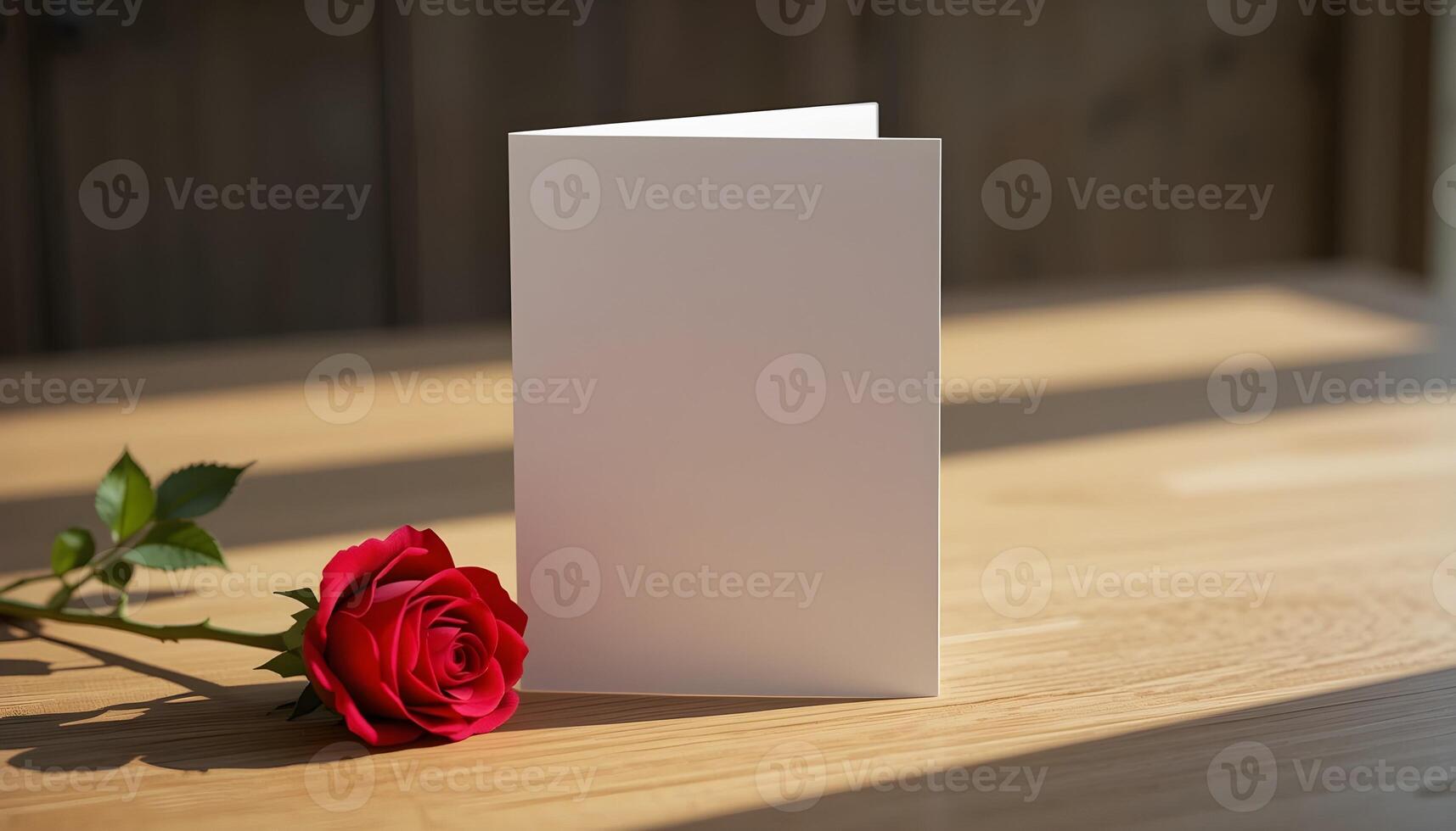 Clean and Modern Valentines Greeting Card Mockup Red Rose on Wooden Surface photo