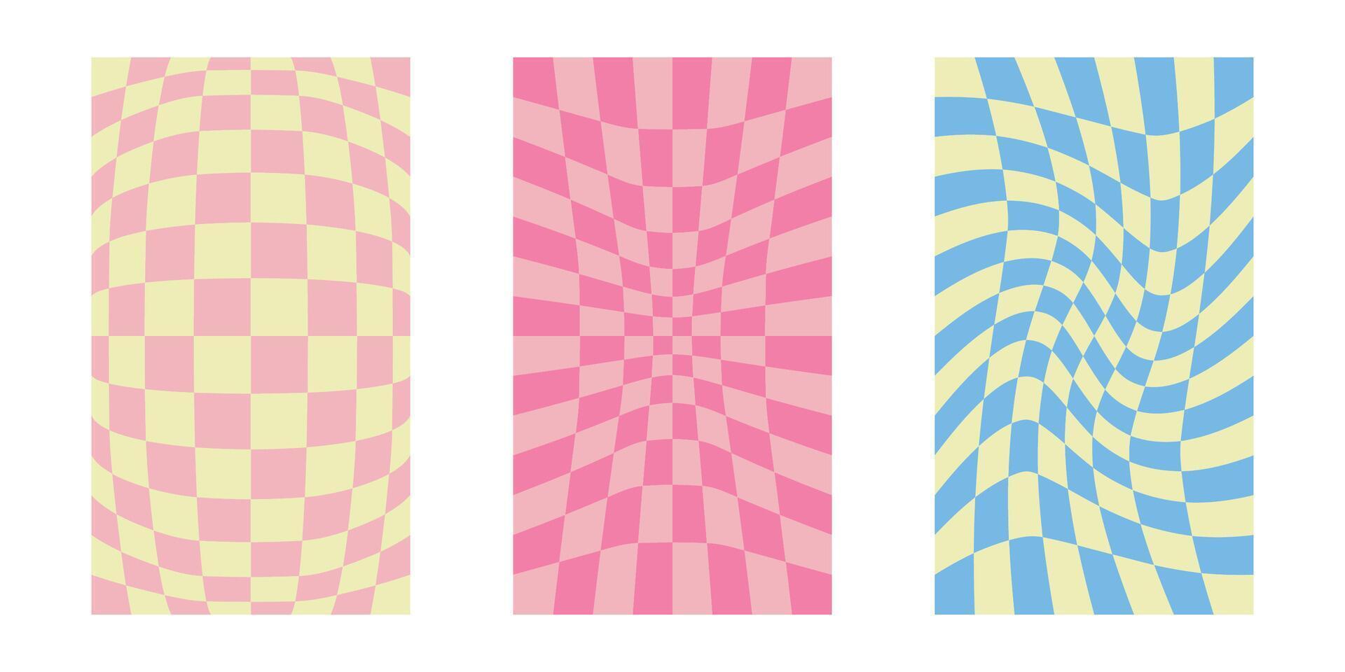 Abstract distorted backgrounds. Stylish set of three checkered backgrounds with optical illusion and distorted effect, texture in trendy retro psychedelic style vector