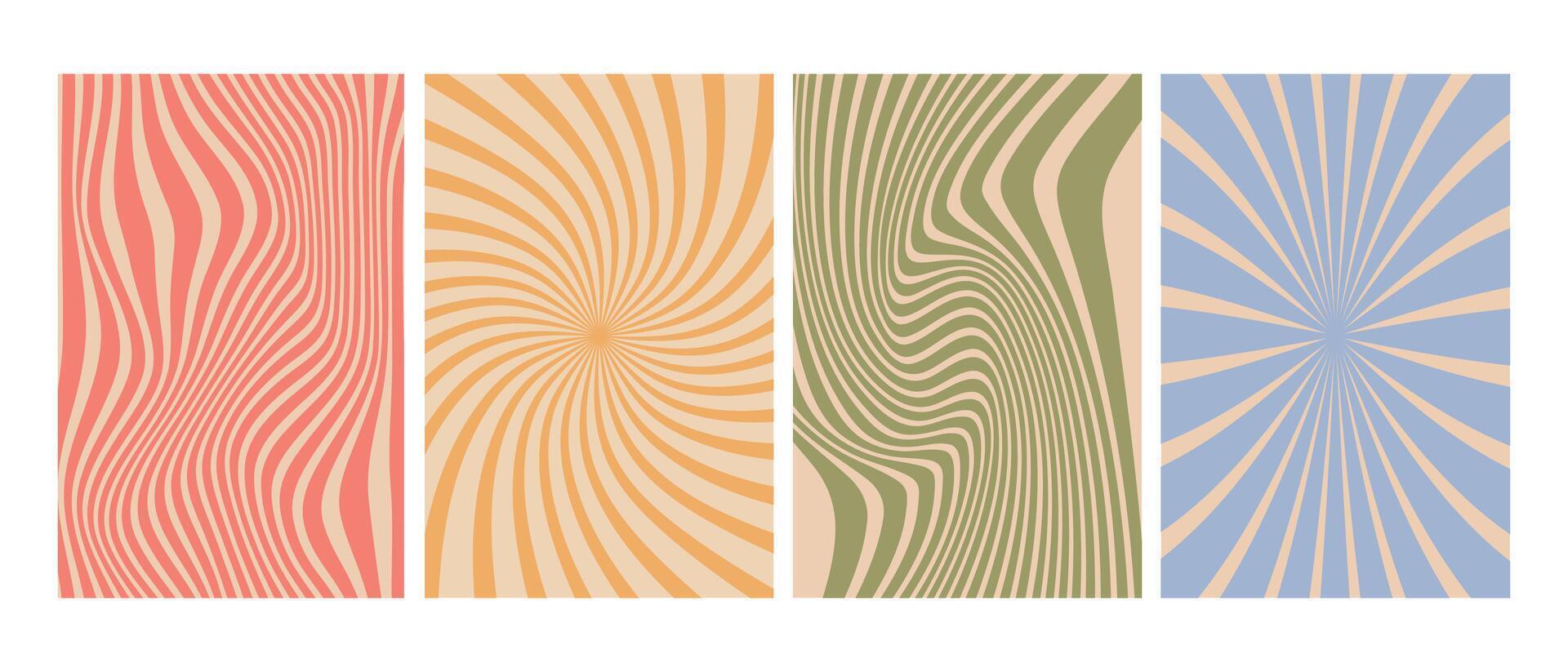Retro wavy and spiral optical patterns - abstract backgrounds set. A collection of four vintage style abstract backgrounds featuring wavy and spiral optical patterns vector