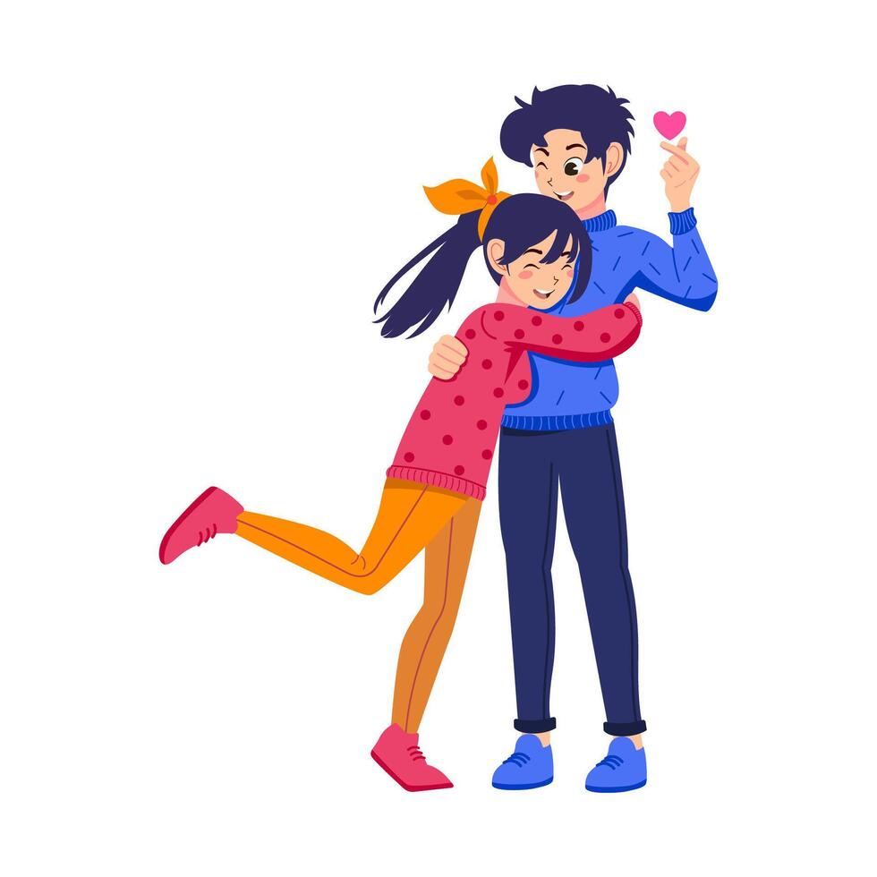 Couple of happy young man and woman hugging. joyful teen boyfriend and girlfriend embracing. Flat cute cartoon illustration vector