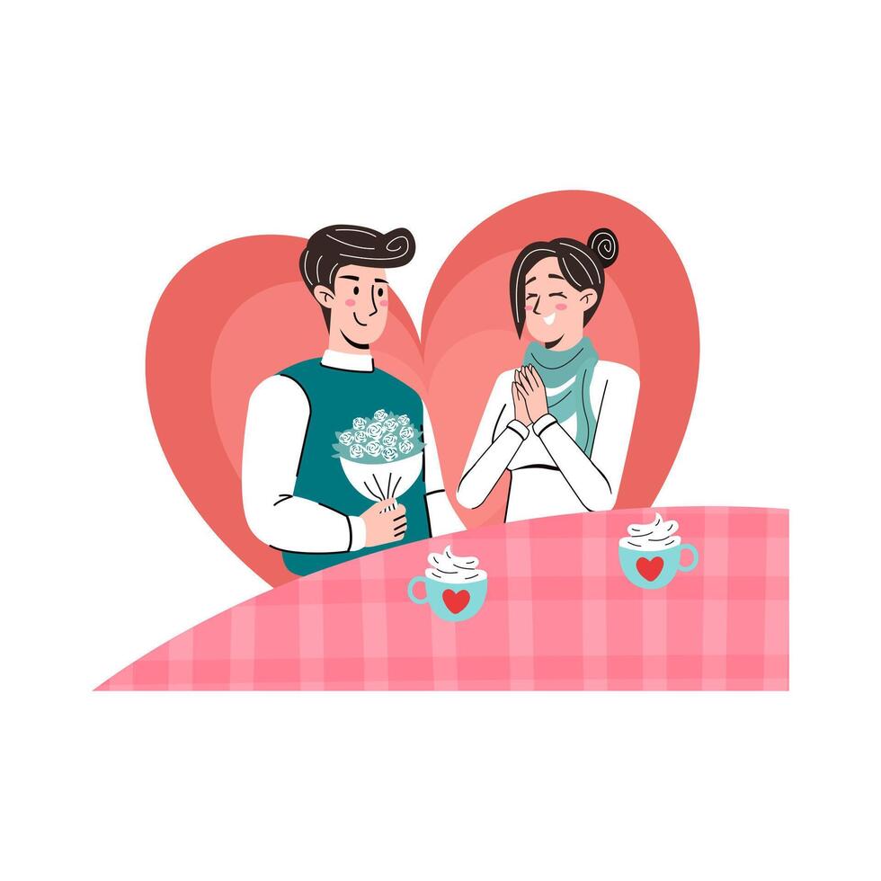 Hand drawn cartoon style couple characters sitting and drinking coffee together at the table. People talking each other. Love talk on the first date. vector