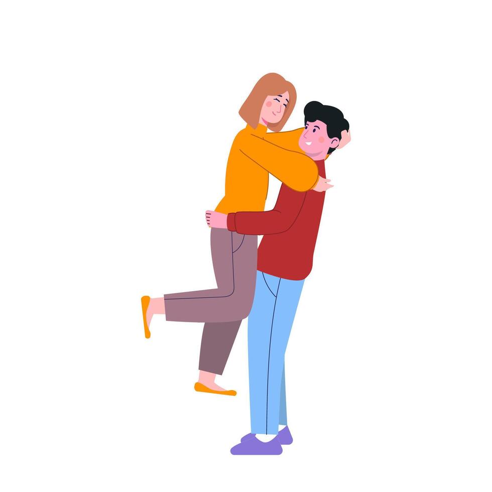 Couple of happy young man and woman hugging. joyful teen boyfriend and girlfriend embracing. Flat cartoon illustration on white background vector