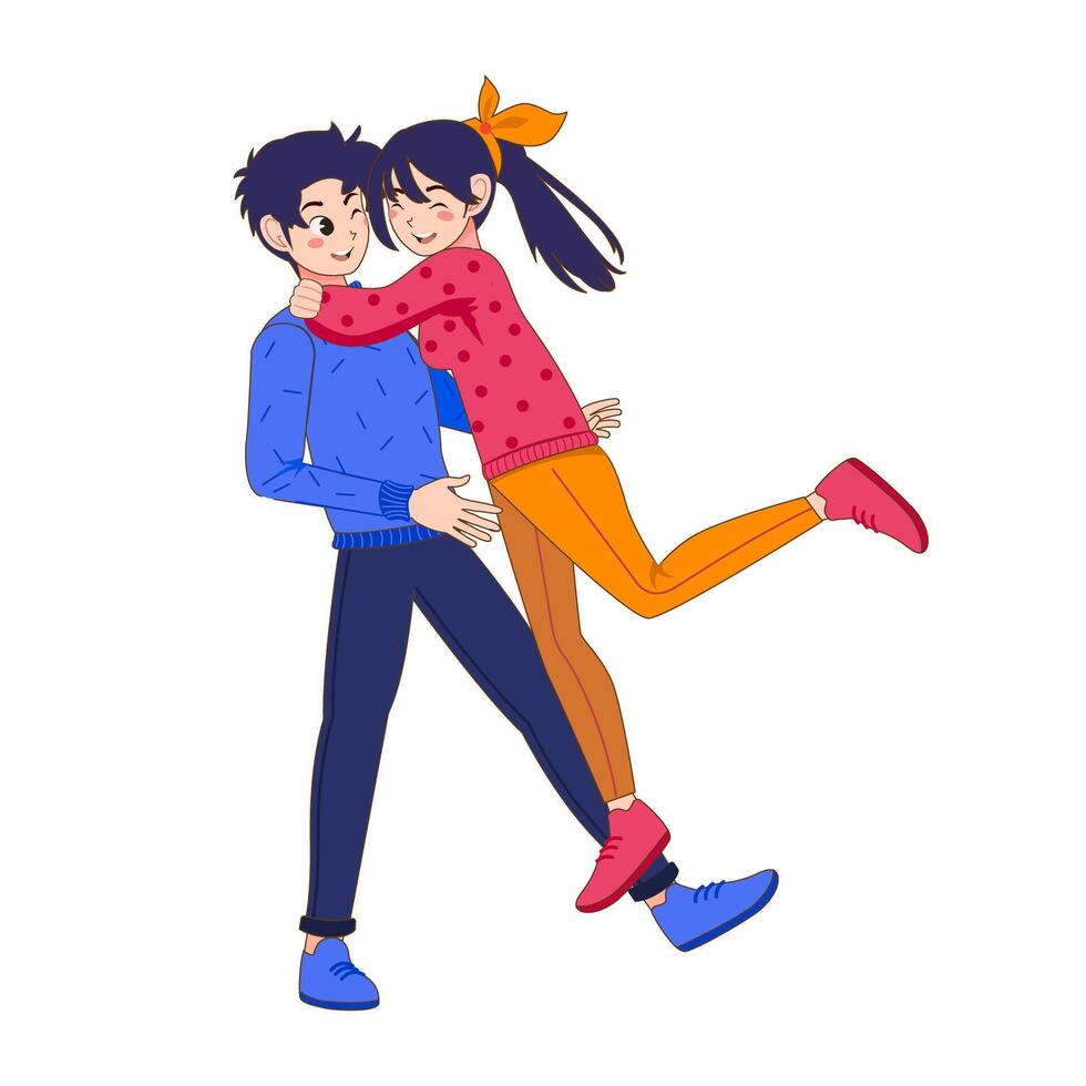 A Couple of happy young man and woman hugging. joyful teen boyfriend and girlfriend embracing. Flat cute cartoon illustration vector