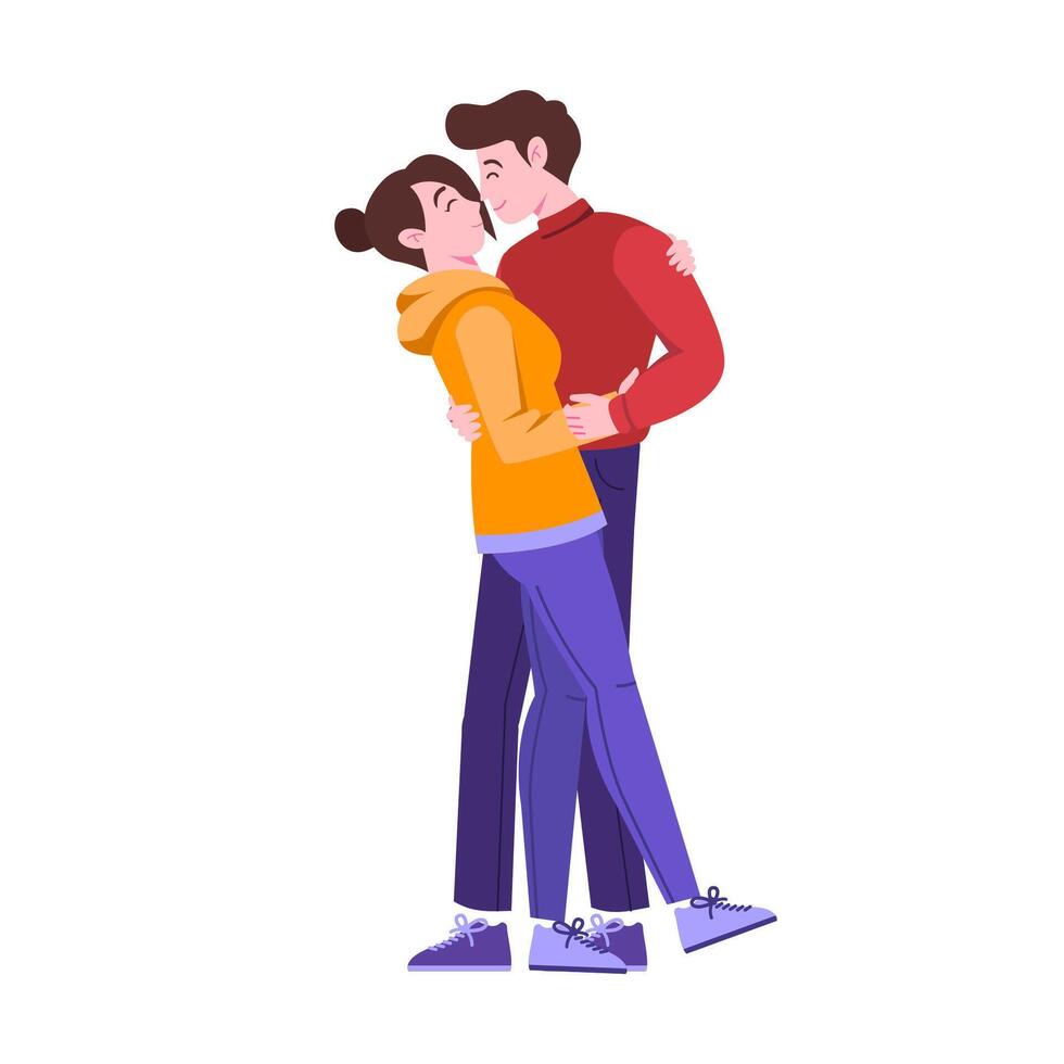 A woman and a man hug and almost kiss, Falling in love. Cartoon flat illustration hand drawing. vector
