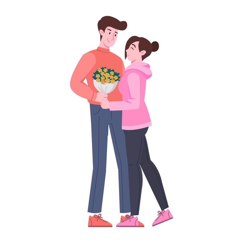 Couple man or boyfriend gives bouquet of flower to woman or his girlfriend and makes her happy, illustration design vector