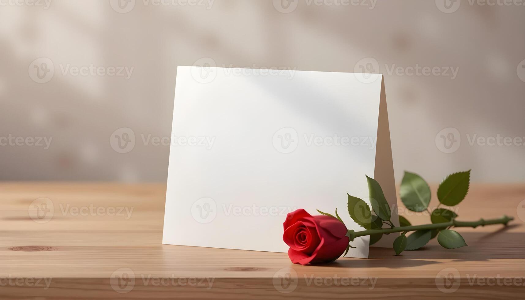 Clean and Modern Valentines Greeting Card Mockup with A Red Rose Wooden Surface photo