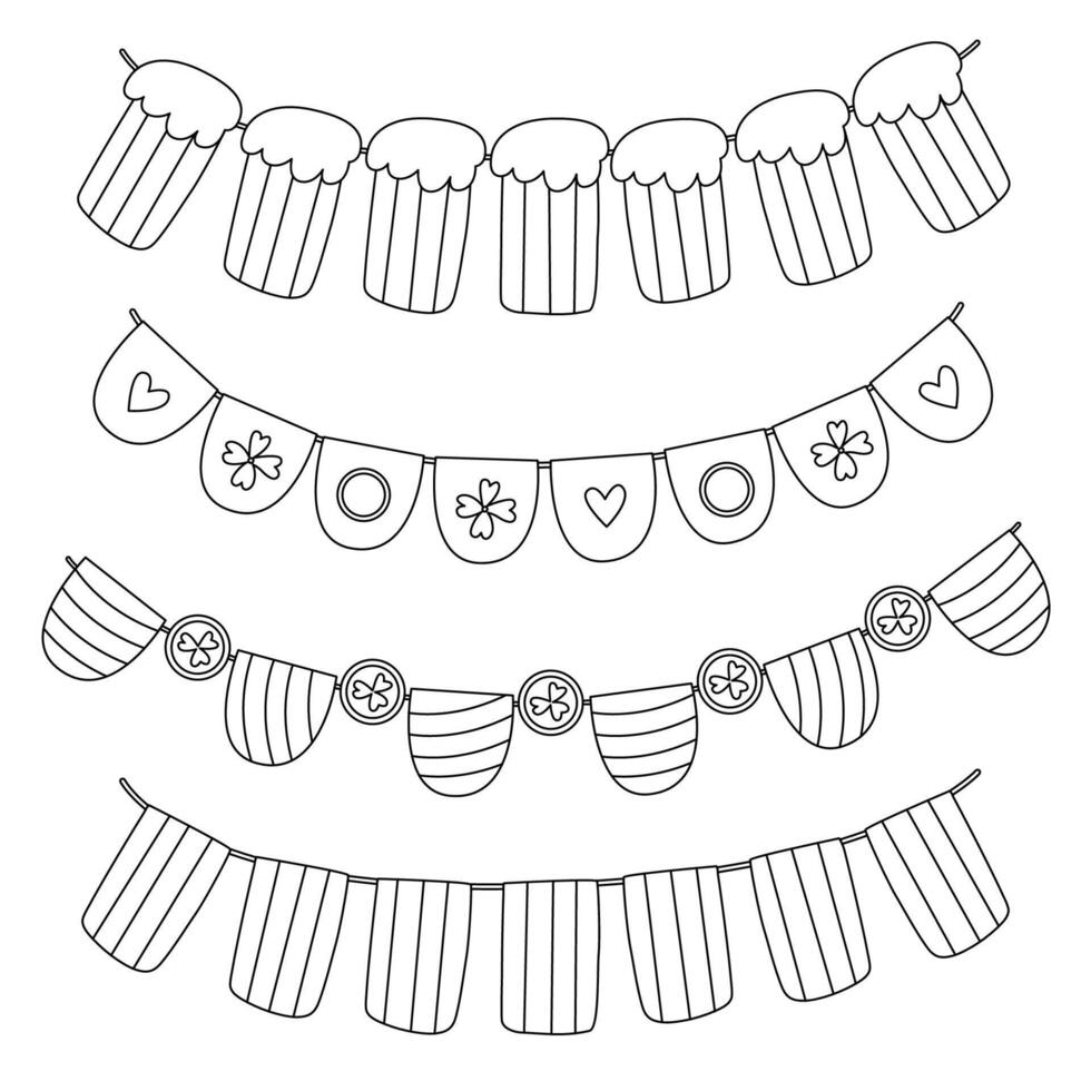 Hand drawn doodle set of St. Patricks Day garlands with black outlines. Includes banners with beer mugs, shamrocks, and festive decorations. Perfect for coloring pages, crafts, and DIY projects vector