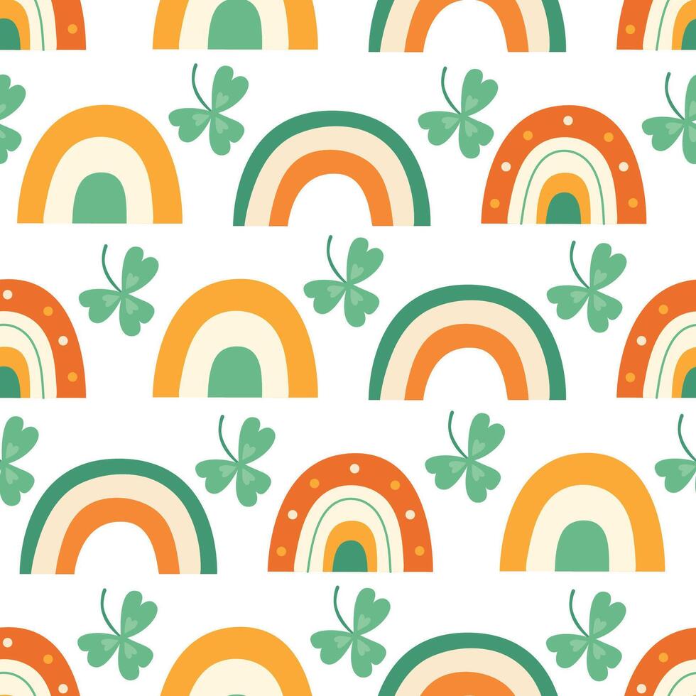 Seamless pattern with hand-drawn rainbows and shamrocks in festive green and orange tones. Perfect for St. Patricks Day fabric, wrapping paper, wallpaper, and holiday decorations vector