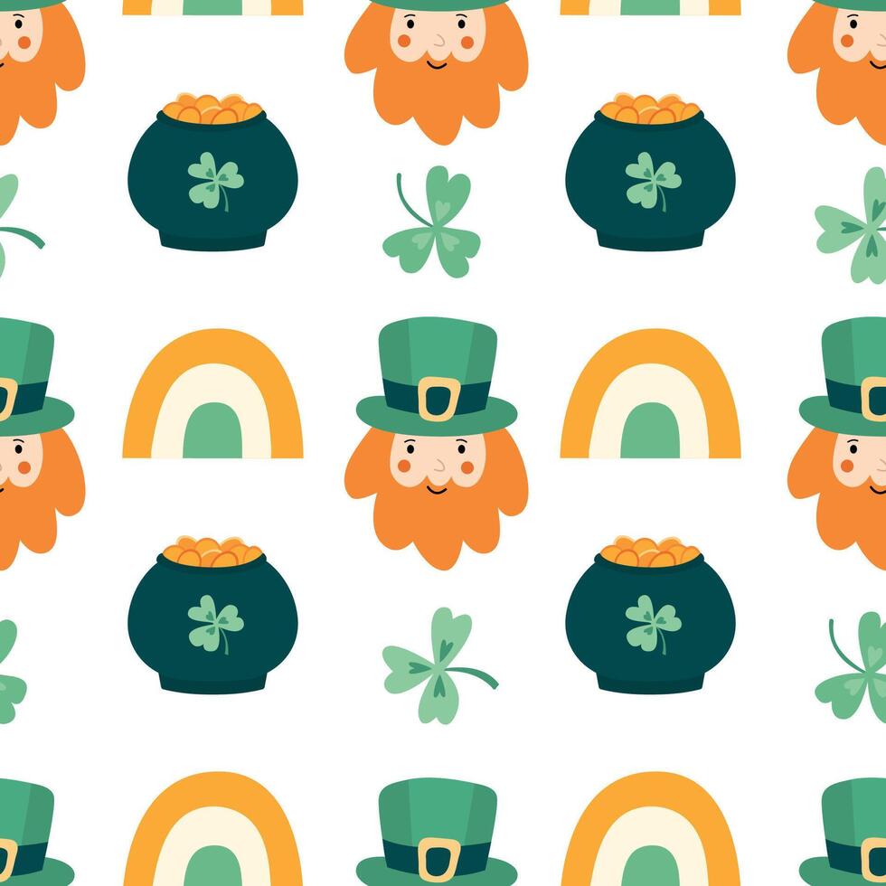 Seamless pattern with leprechaun faces, pots of gold, rainbows, and shamrocks for St. Patricks Day. Perfect for fabric, wrapping paper, wallpaper, and festive decorations vector