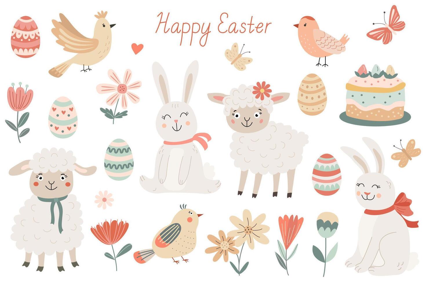 Easter clipart set with cute bunnies, lambs, decorated eggs, birds, butterflies, flowers, and a festive cake. Perfect for greeting cards, invitations, prints, stickers, and digital projects vector
