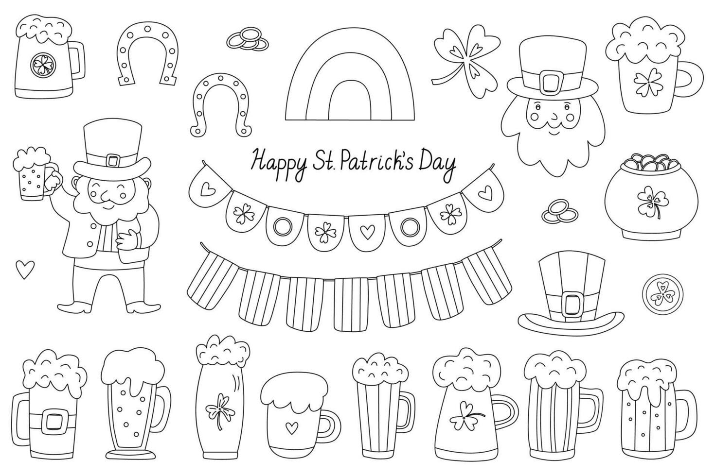 Hand drawn doodle set with black outlines for St. Patricks Day. Includes leprechauns, beer mugs, rainbows, shamrocks, gold coins, and garlands. Great for coloring pages, crafts, and festive designs vector