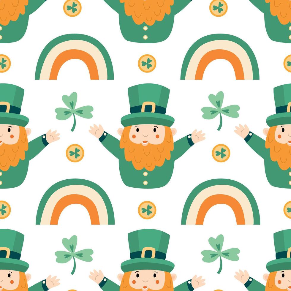 Seamless pattern with cheerful leprechauns, rainbows, shamrocks, and gold coins for St. Patricks Day. Great for fabric, wrapping paper, wallpaper, and festive decorations vector