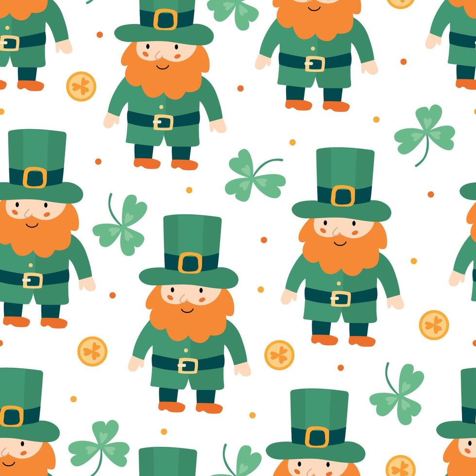 Seamless pattern with hand drawn leprechauns, shamrocks, and gold coins for St. Patricks Day. Ideal for fabric, textile, wrapping paper, wallpaper, and festive surface design vector