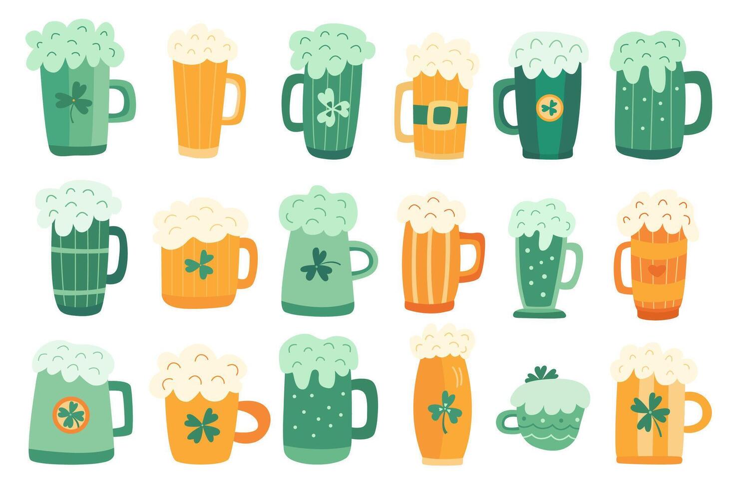 Set of hand drawn beer mugs and glasses with frothy foam, shamrocks, and festive designs for St. Patrick's Day. Perfect for party decorations, invitations, greeting cards, prints, and digital designs vector
