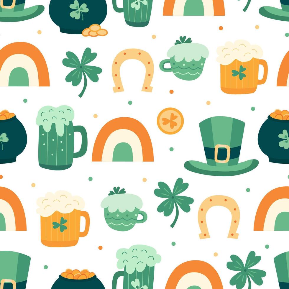 Seamless pattern with leprechaun hats, beer mugs, pots of gold, shamrocks, rainbows, and horseshoes for St. Patricks Day. Great for fabric, wrapping paper, wallpaper, and festive decorations vector