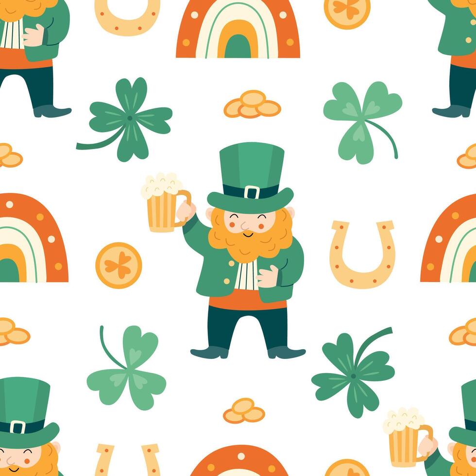 Seamless pattern with cheerful leprechauns, beer mugs, shamrocks, gold coins, rainbows, and horseshoes. Perfect for St. Patricks Day fabric, wrapping paper, wallpaper, and festive decorations vector