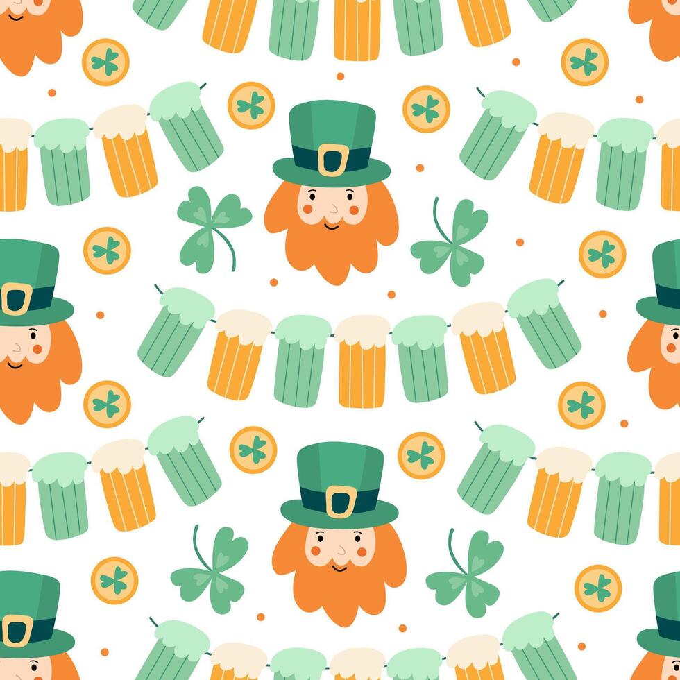 Seamless pattern with leprechaun faces, beer mugs, shamrocks, gold coins, and festive garlands. Perfect for St. Patricks Day fabric, wrapping paper, wallpaper, and party decorations vector