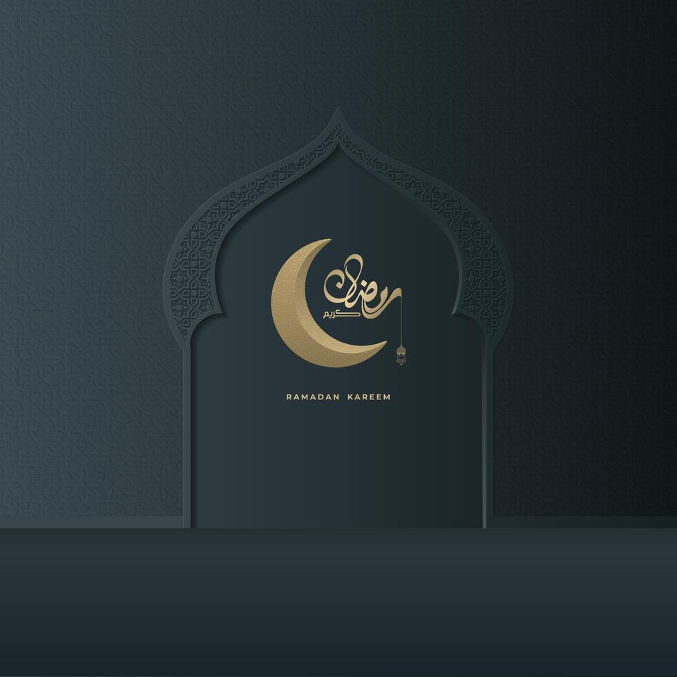 Ramadan Kareem greeting card design with black Islamic ornaments composition background vector