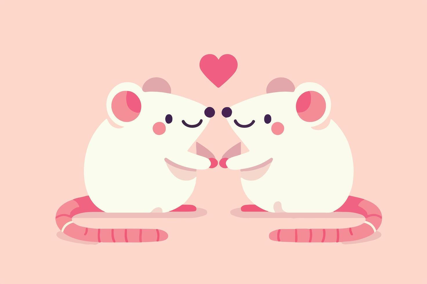 Cute little mice holding hands with hearts on pink background vector