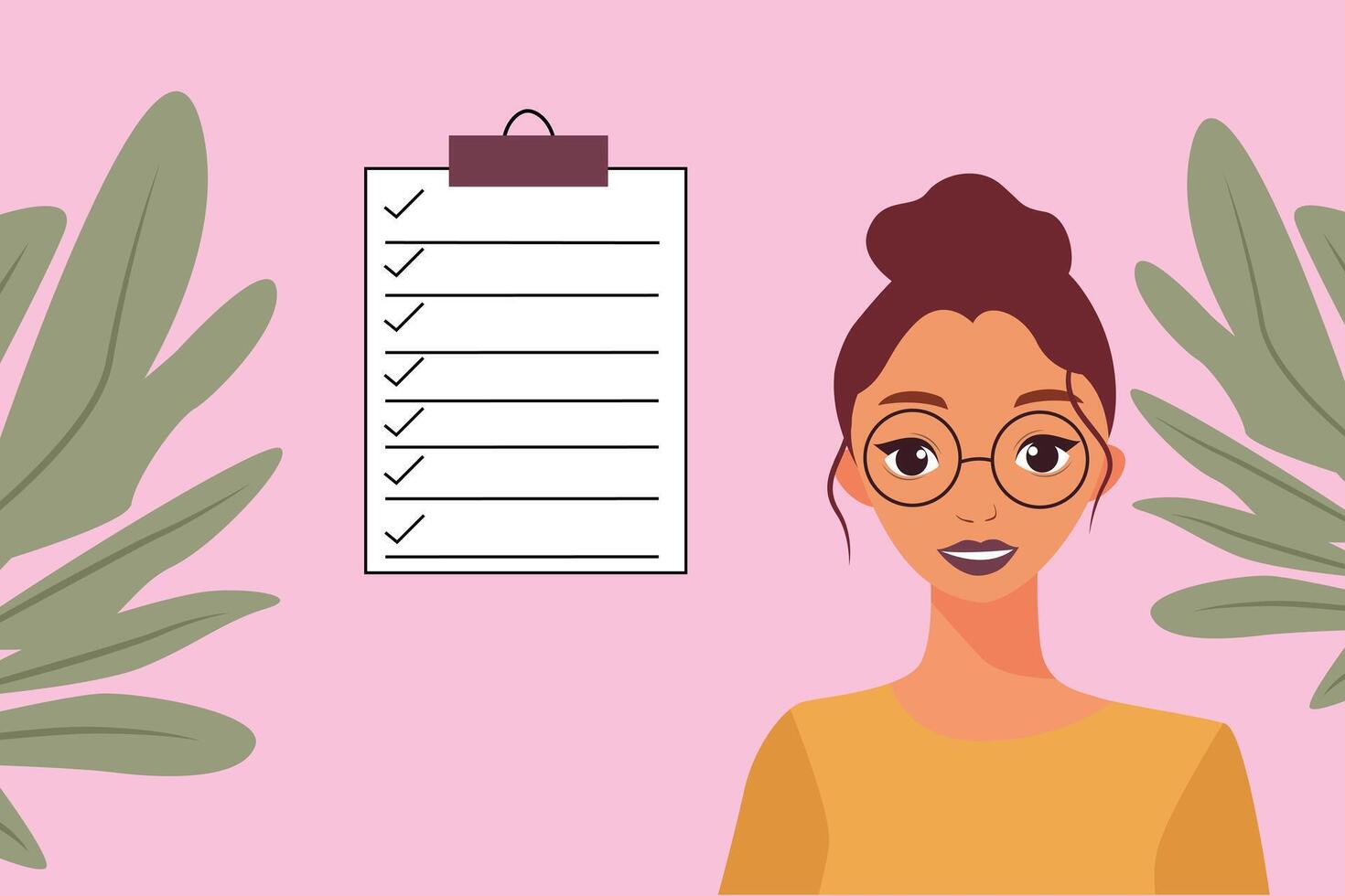happy woman with glasses, a checklist, and green leaves on a pink background, symbolizing self care and organization. vector