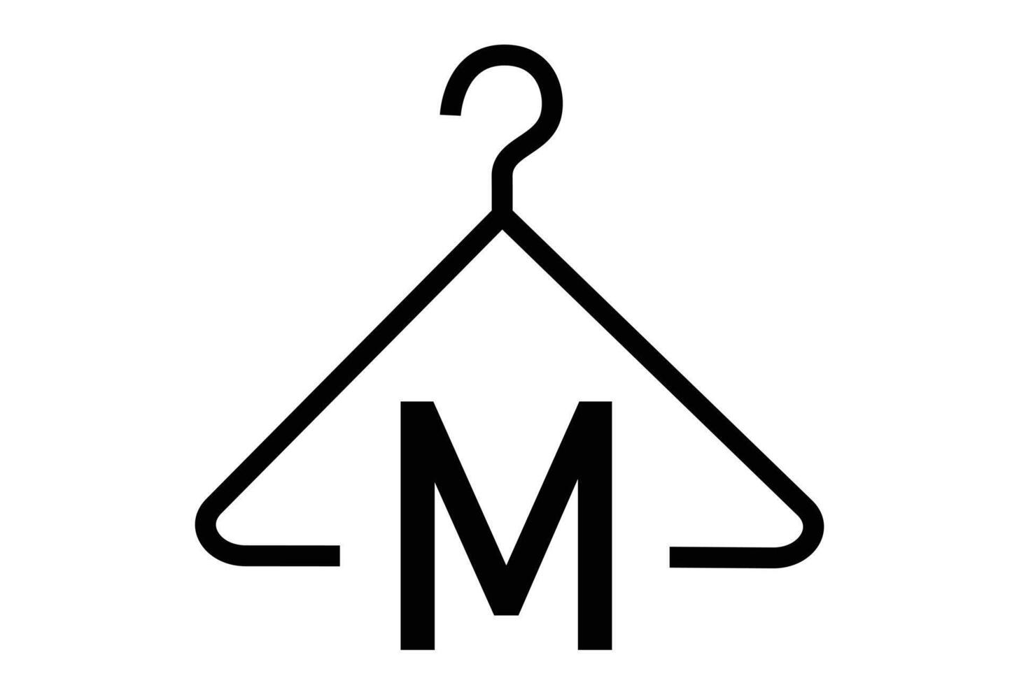 Black and white laundry care symbol featuring a hanger with the letter M, indicating medium heat washing or specific garment care instructions. vector