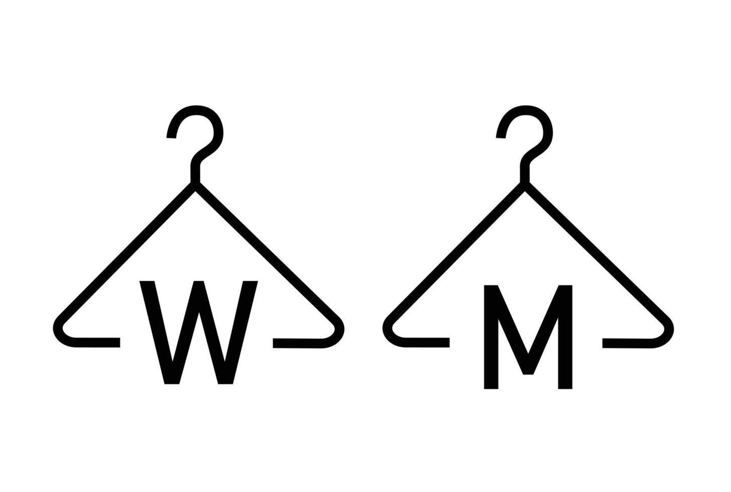 Black and white laundry care symbols featuring hangers with letters W and M, indicating warm and medium heat washing instructions. vector