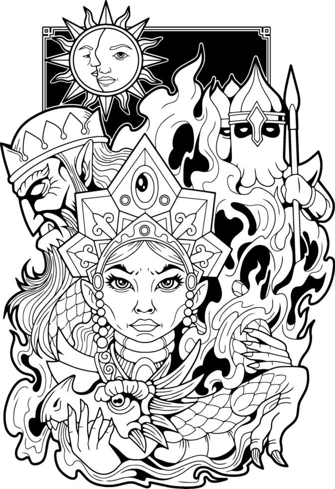 Characters of ancient Slavic fairy tales, monochrome illustration design vector