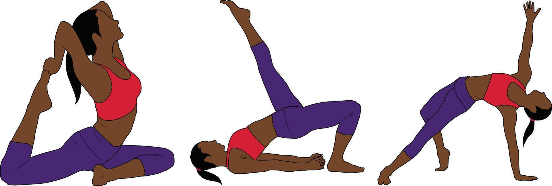 Set of yoga poses icons. Colorful signs with woman doing physical exercises from Pilates. Female figure in various yoga asanas. Flat graphic design illustration collection isolated on white background vector