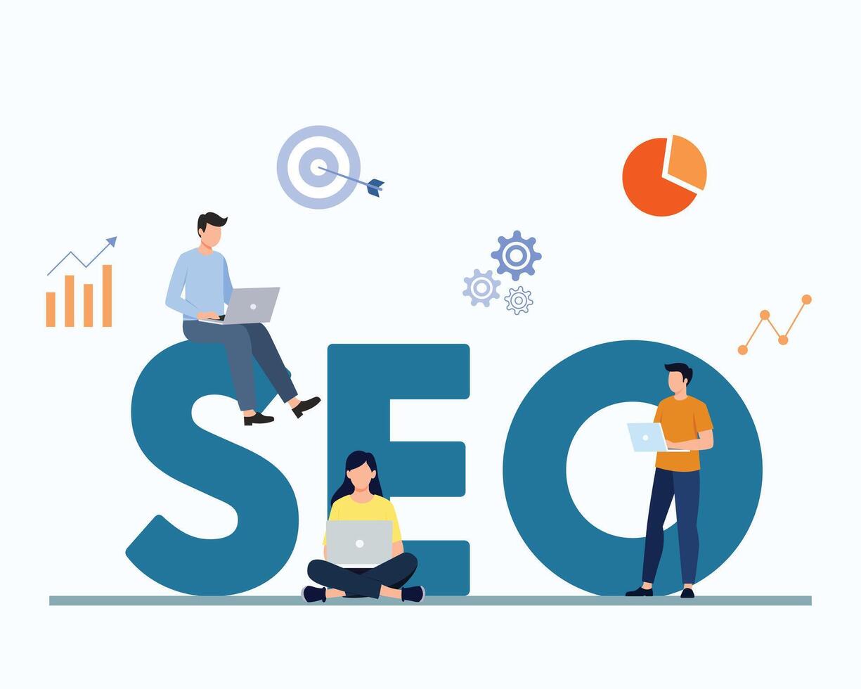 using seo tools for brand promotion and popularity in internet, young people working on laptop, illustration in flat style vector