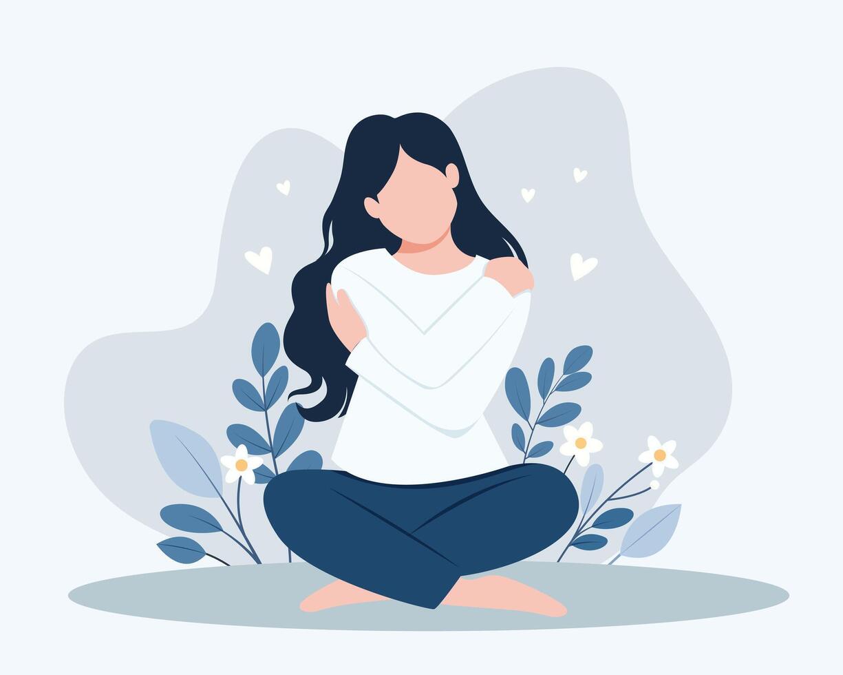 The girl hugs herself by the shoulders.Love yourself concept. Self care.Flat illustration. vector