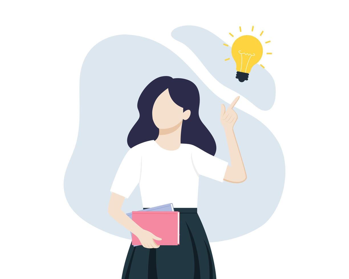 business woman character thinking holding book. Problem solving, idea and creativity concept. Flat illustration vector