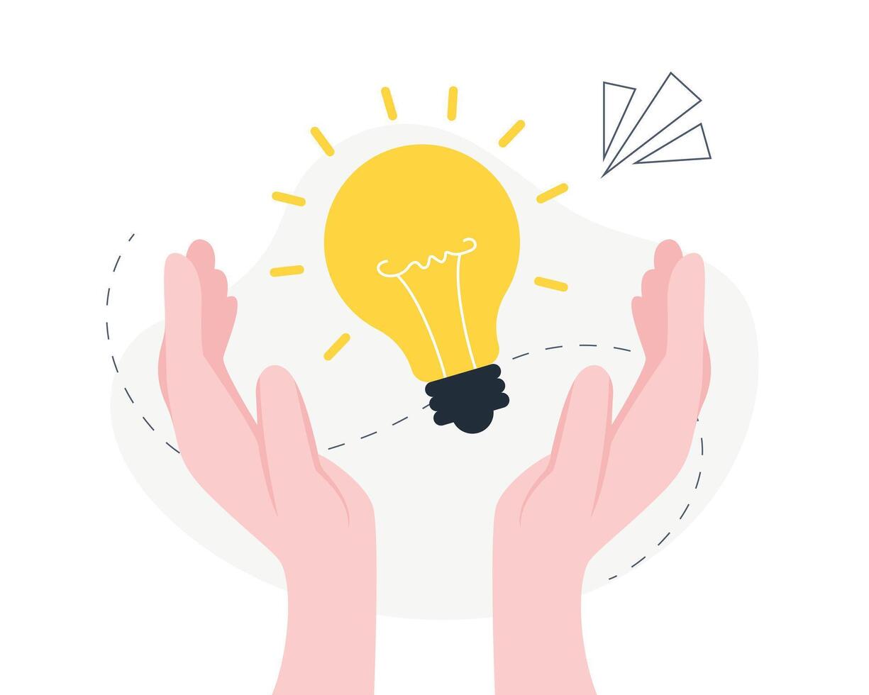 Two hands holds lightbulb, creative mind or brainstorm. creative idea concept. Business solutions. vector