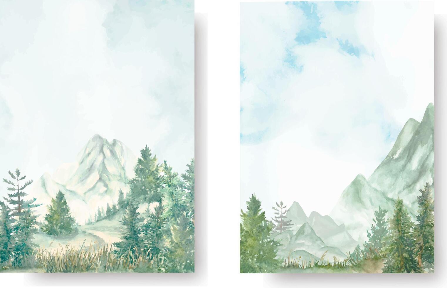 Watercolor set of backgrounds with mountains, pine trees, fir trees, and grassy landscapes. Hand drawn illustration. vector