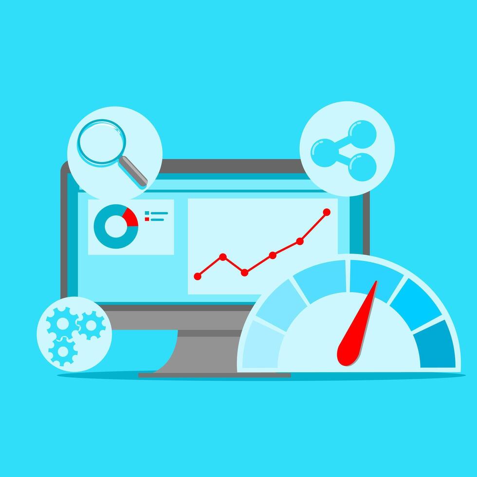 A monitor with a graph and a speedometer vector