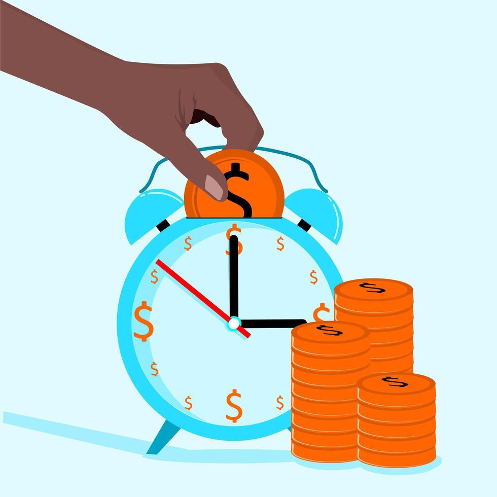 A hand putting coins on an alarm clock vector