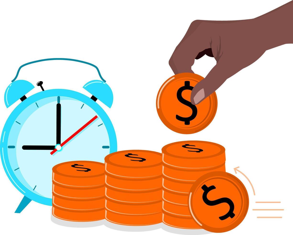 A hand is putting money into a stack of coins vector