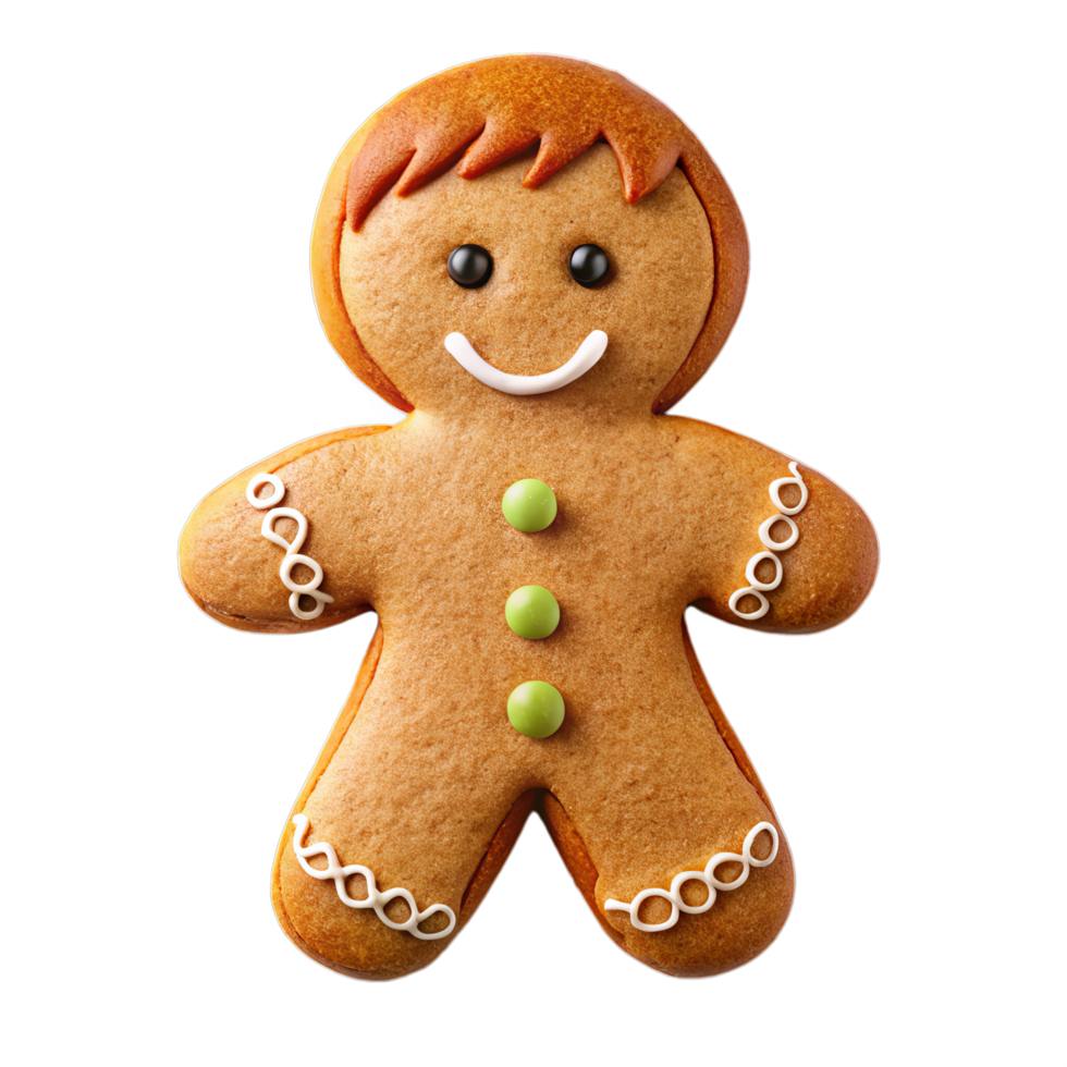 Close-up of a cheerful gingerbread man cookie. png