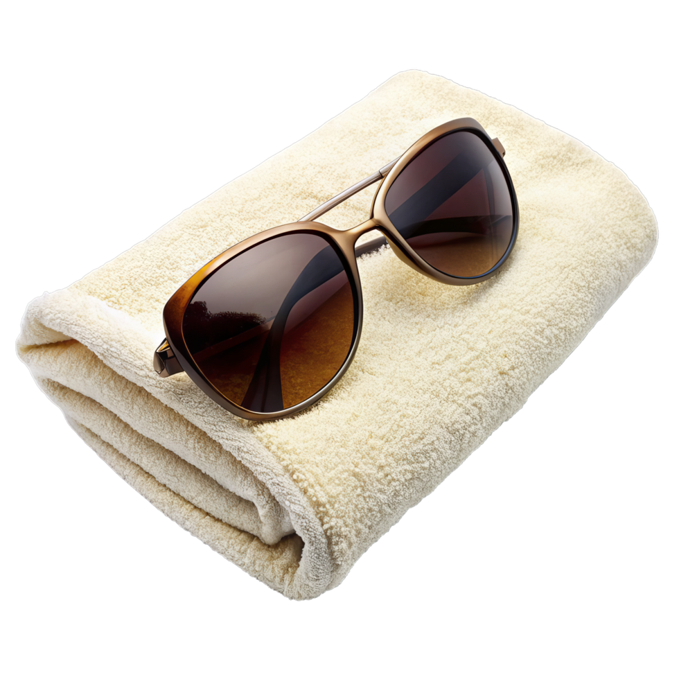 Stylish brown sunglasses resting on a folded cream-colored towel. png