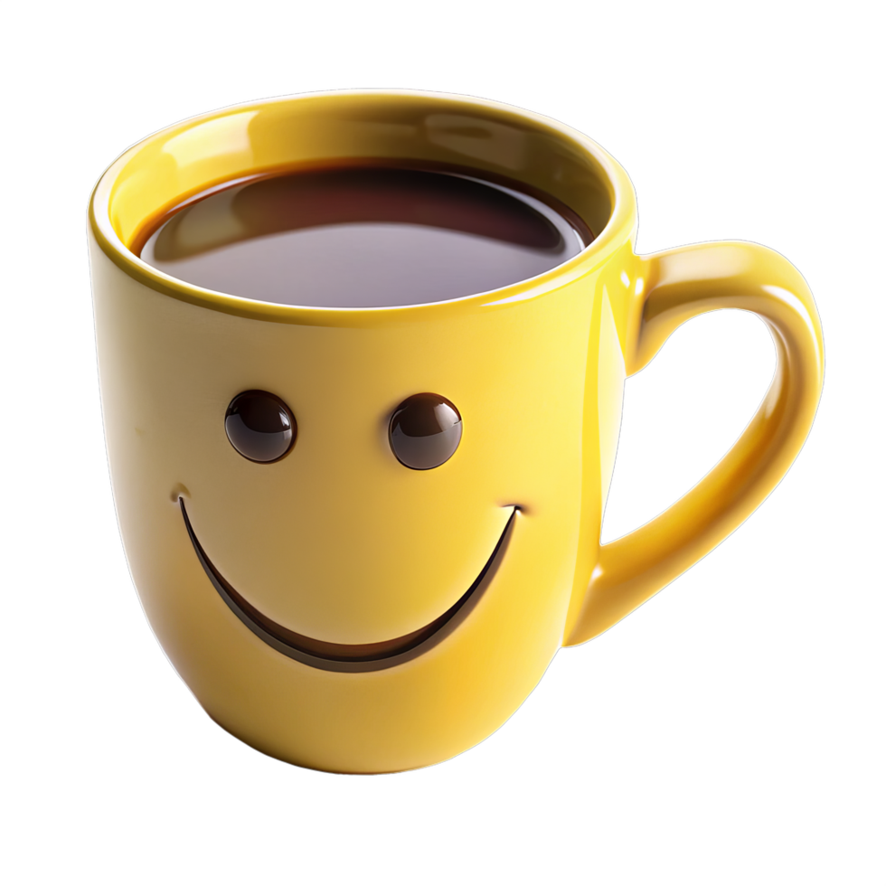 A cheerful yellow coffee mug with a happy face. png