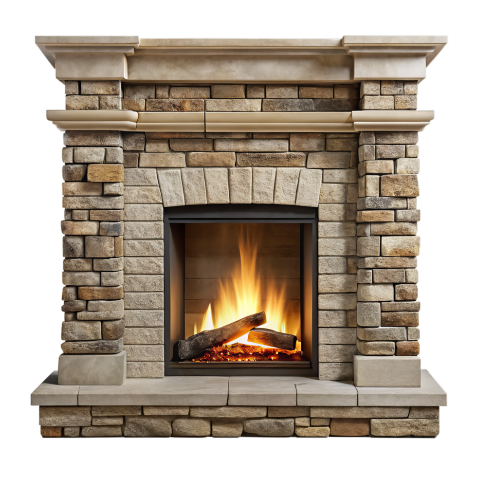 Stylish stone fireplace with a warm, inviting fire. png