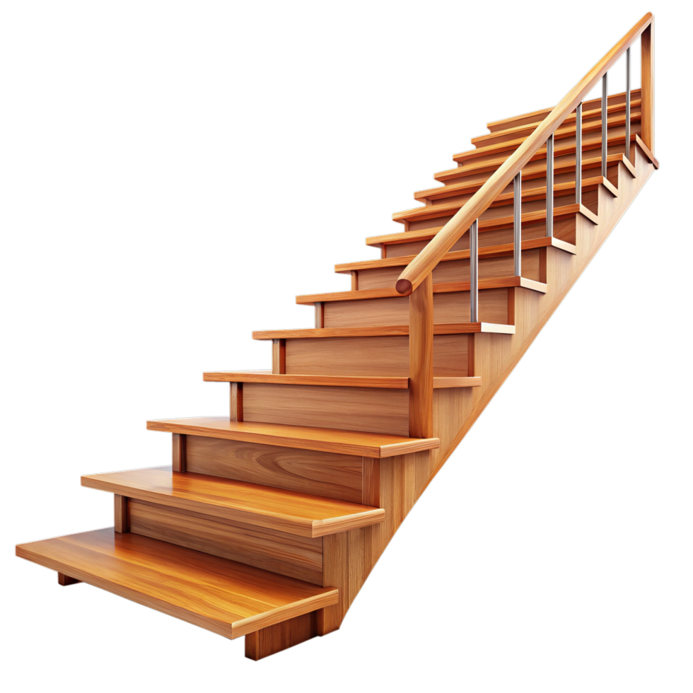 A high-angle, full shot of a modern wooden staircase with a sleek metal handrail. png