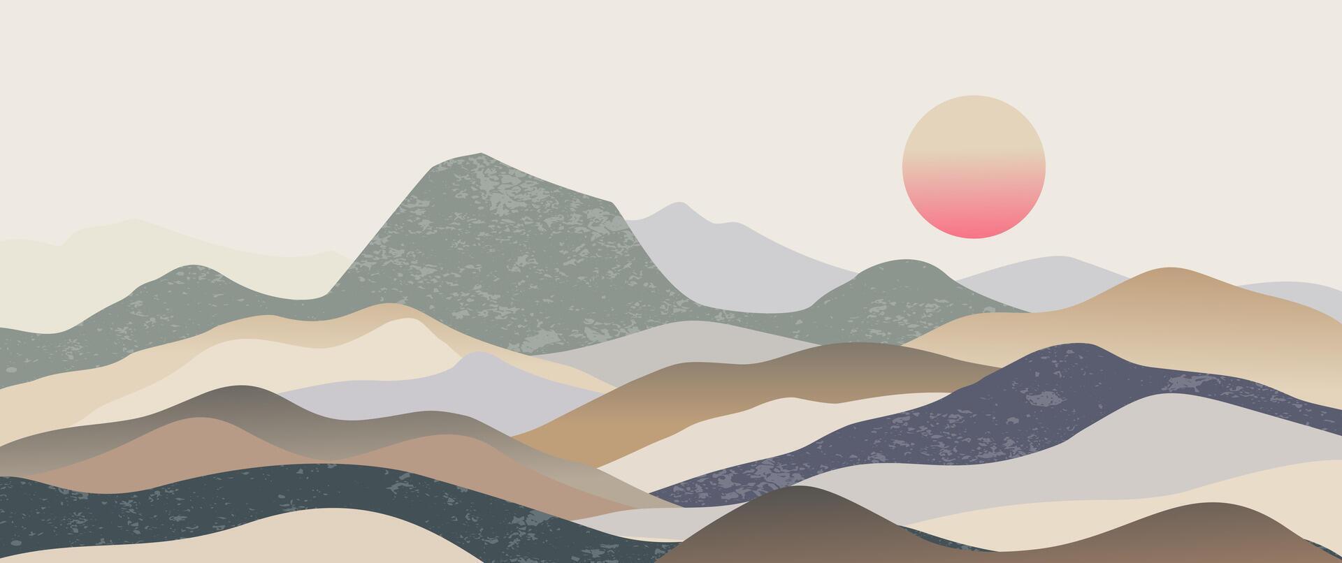 Contemporary abstract mountain landscape rolling hills, soft muted colors, sunrise with layered textures for digital prints, wall decor, posters vector