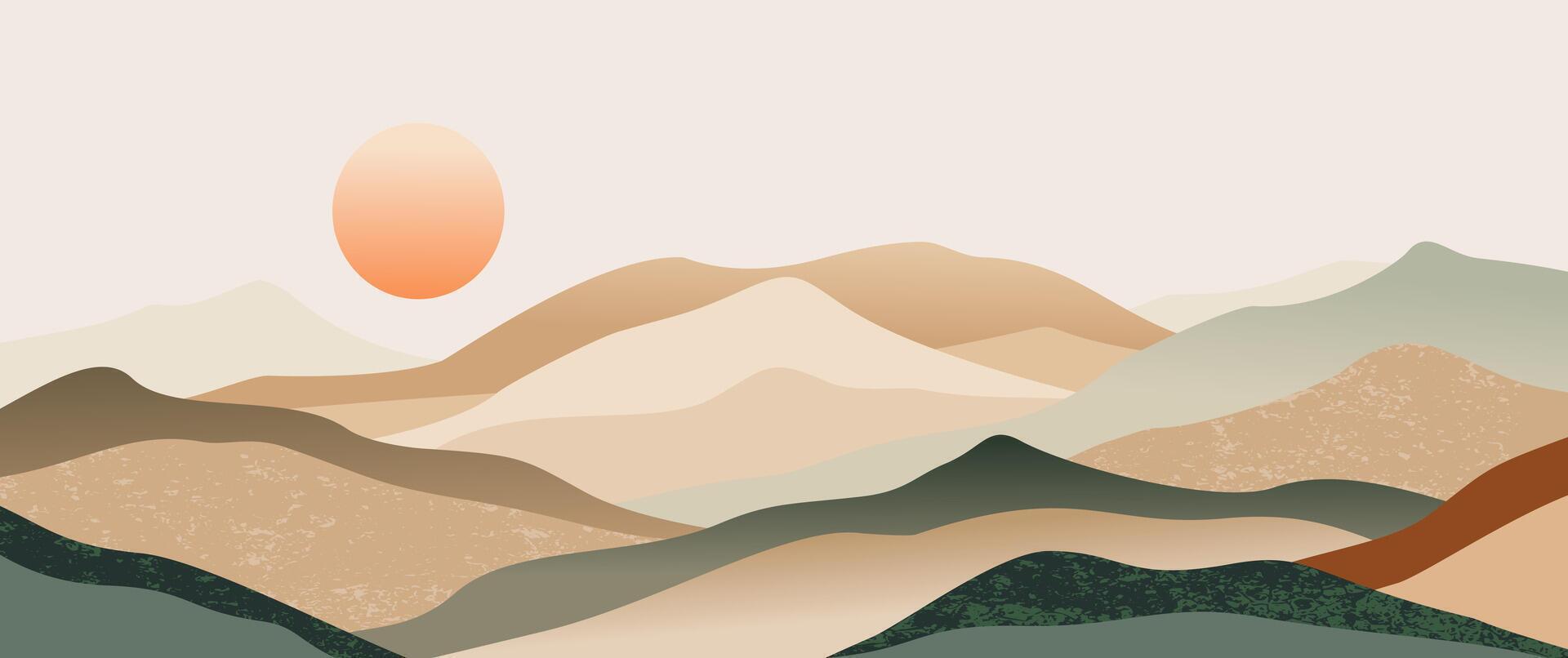 Minimalist desert mountain landscape layered hills, warm sunset, earthy textures with contemporary boho style for prints, wall decor, backgrounds vector