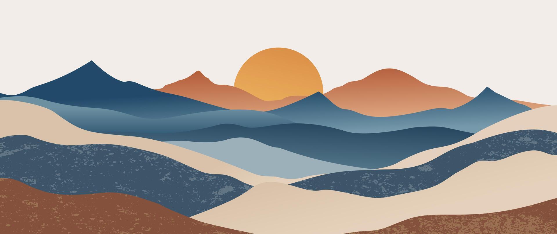 Minimalist mountain range deep blue tones, golden sunset, layered abstract hills with textured artistic style for contemporary prints, posters vector