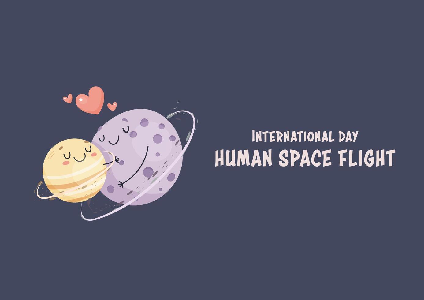 International day of human flight to the moon. Hugging planets , postcard banner poster . vector