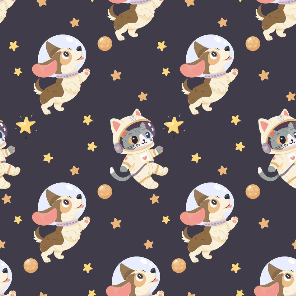 Seamless space pattern, cute space baby pattern. dog and cat vector