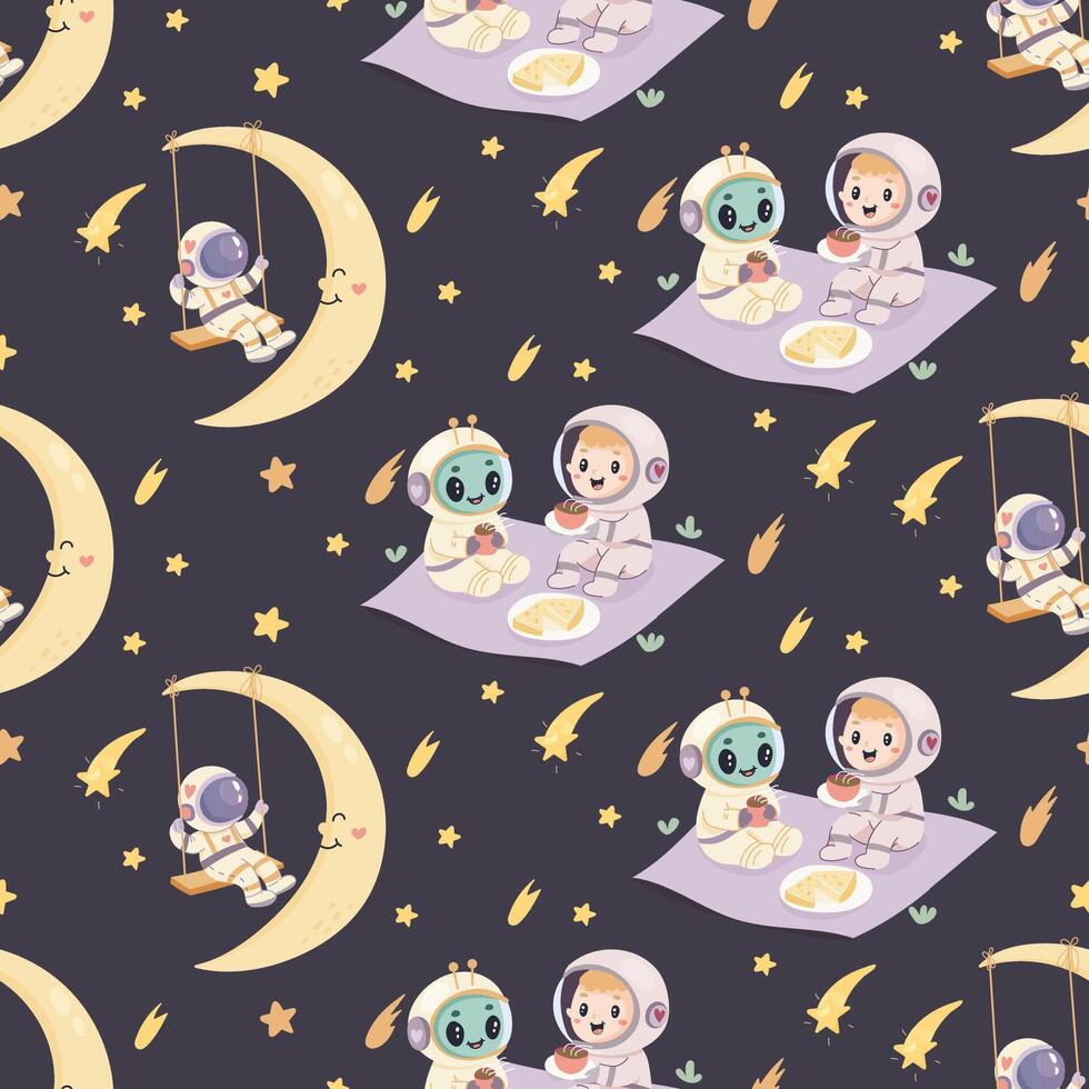 Seamless space pattern, cute space baby pattern. alien and stronaut vector