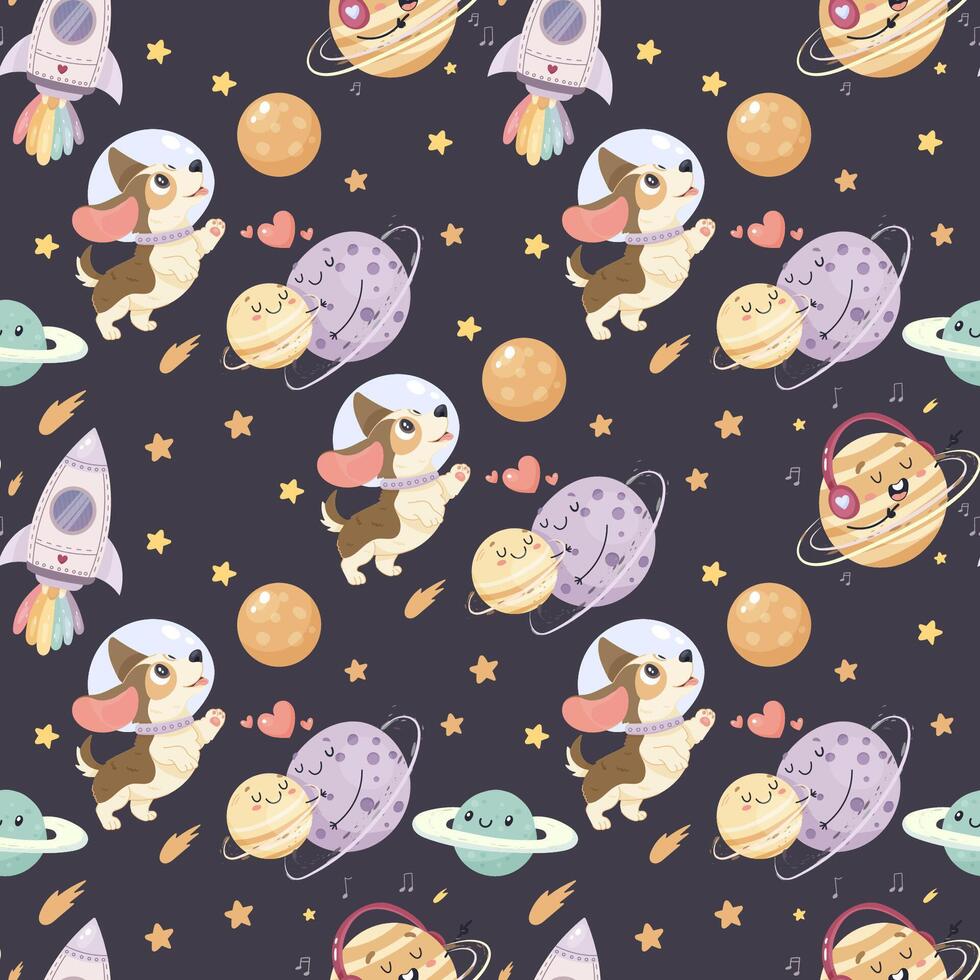 Seamless space pattern, cute space baby pattern. dog vector